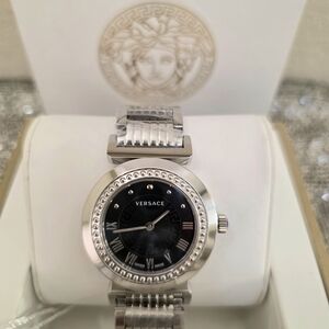 NEW Versace Swiss Made Stainless Black Dial Silver Bracelet Women's Wristwatch